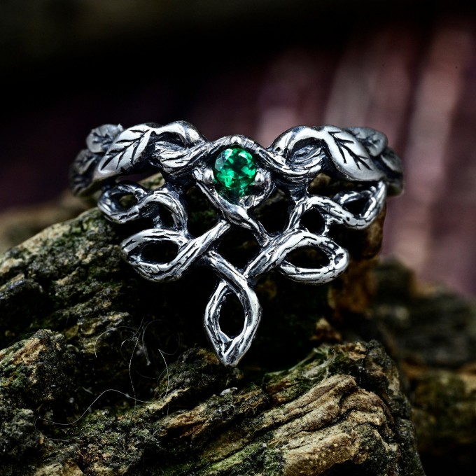 Gothic Celtic Silver Ring with Emerald Centerpiece