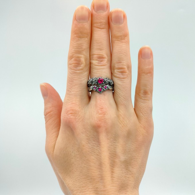 Gothic Silver Ring with Clustered Ruby Accents