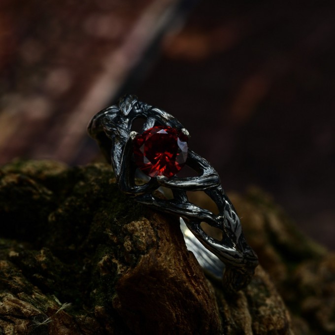 Handcrafted Gothic Silver Ring with Crimson Gem