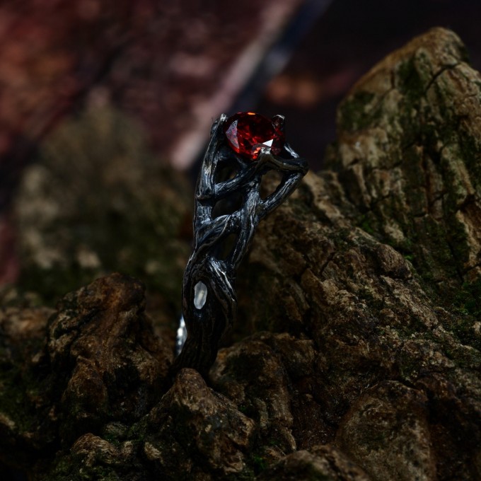 Handcrafted Gothic Silver Ring with Crimson Gem
