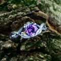 Gothic Amethyst Ring with Enchanted Leaf Motif