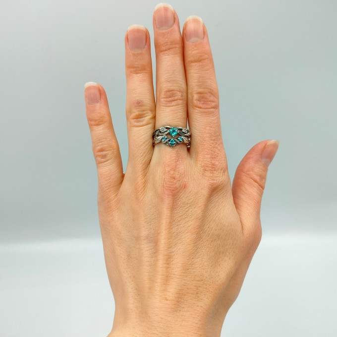 Gothic Silver Ring with Blue Topaz and Nature Design