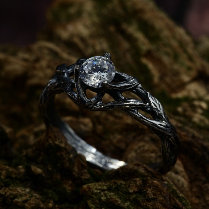 Gothic White Topaz Ring with Enchanted Vine Motif
