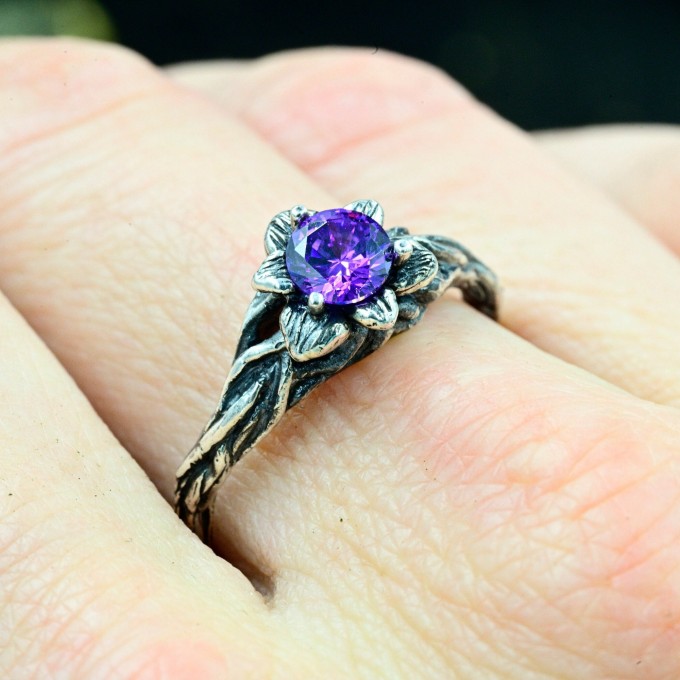 Gothic Amethyst Ring with Intricate Floral Design