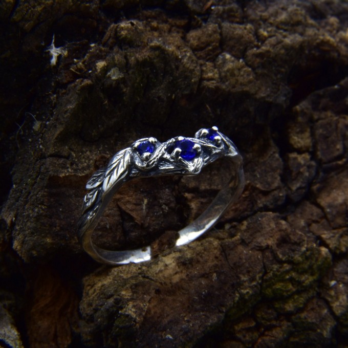 Waves of Midnight: Gothic Sterling Silver Ring with Sapphires