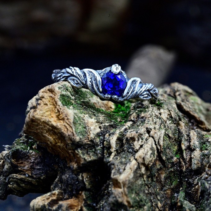 Waves of Eternity: Gothic Sterling Silver Ring with Royal Sapphire