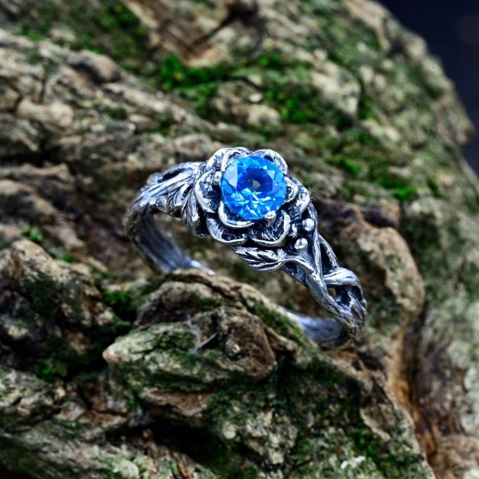 Gothic Floral Ring with Aquamarine|Unique Jewelry for Women