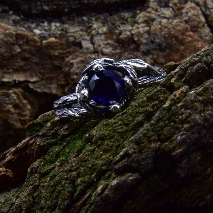 Celestial Grace: Gothic Sterling Silver Ring with Deep Blue Sapphire