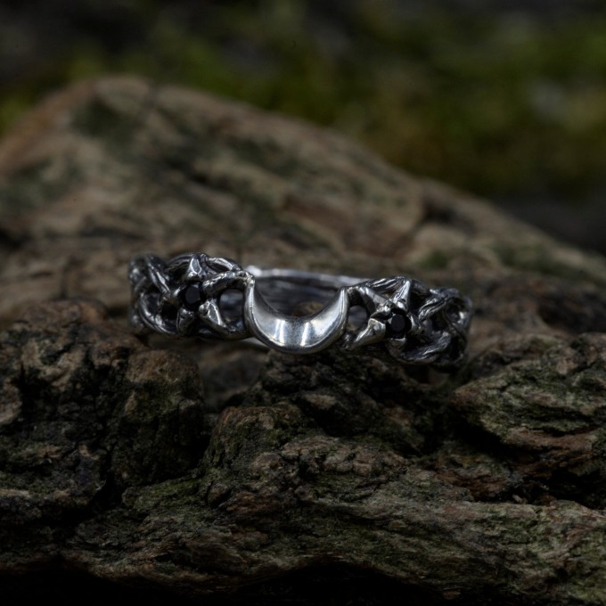 Crescent Moon Gothic Ring with Intricate Woven Band