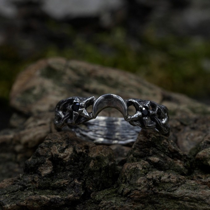 Crescent Moon Gothic Ring with Intricate Woven Band