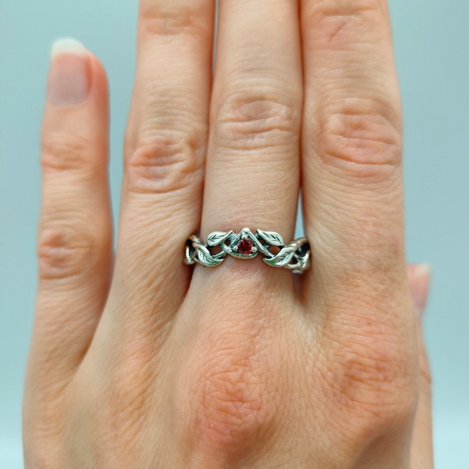 Gothic Garnet Ring with Enchanted Vine Design
