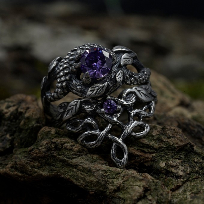 Gothic Dragon Ring with Radiant Amethyst Gemstone