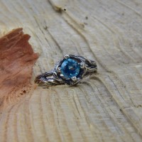 Artisan Twisted Twig Engagement Ring with Blue Aquamarine Stone for Women, Perfect Valentine's Day Tree Bark Promise Ring with Leaf