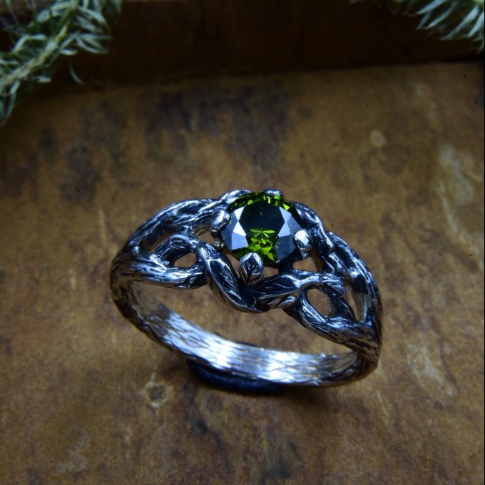 Nature-Inspired Gothic Ring with Bright Olivine