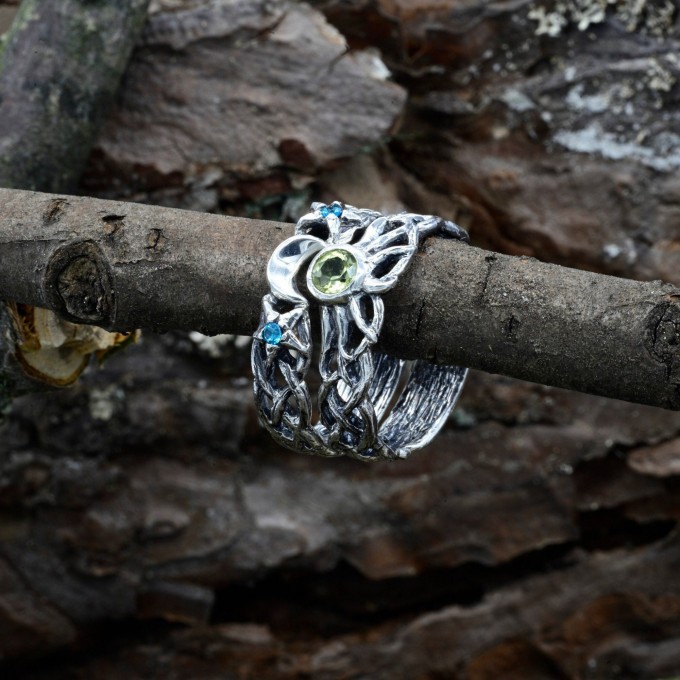 Gothic Peridot and Aquamarine Ring Set with Enchanted Nature Design