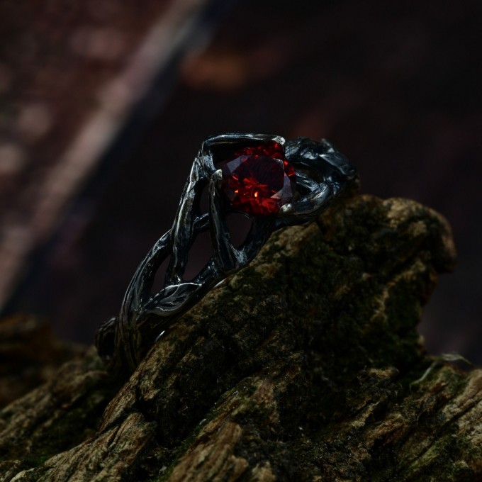 Handcrafted Gothic Silver Ring with Crimson Gem