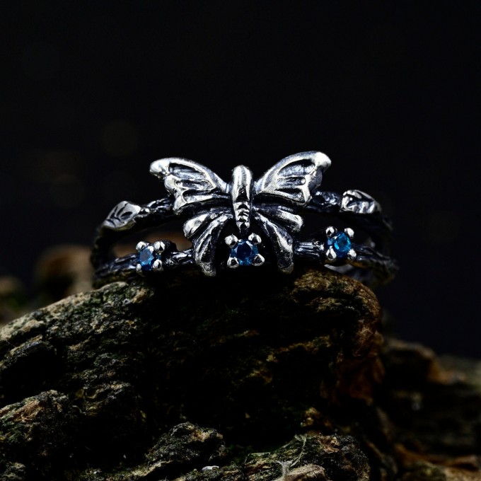 Elegant Gothic Butterfly Ring with Aquamarines