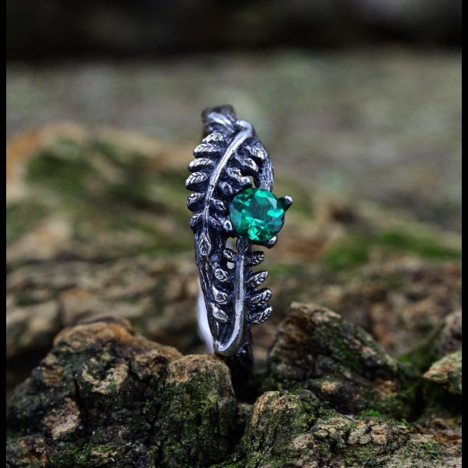 Gothic Silver Ring with Emerald and Feather Design|Intricate Silver Leaf and Tree Engagement Ring 
