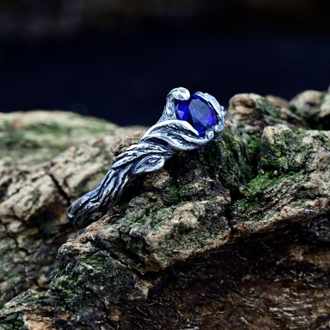 Waves of Eternity: Gothic Sterling Silver Ring with Royal Sapphire