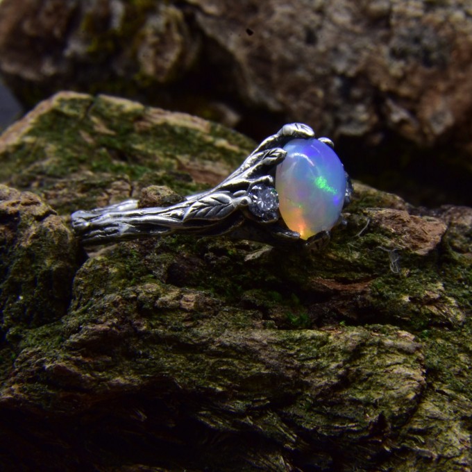 Gothic Silver Ring with a Mystical Opal