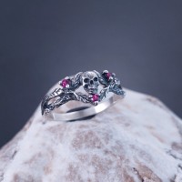 Author's Gothic Ring, Skull with Leaves, Skull with Leaves on Branches Surrounded by Mystic Ruby, Gift in the Gothic style