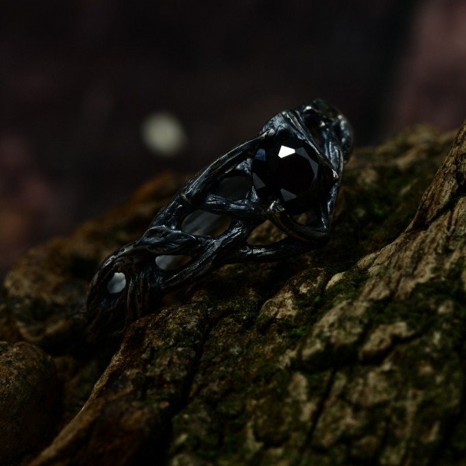 Dark Silver Ring with Black Obsidian Gemstone