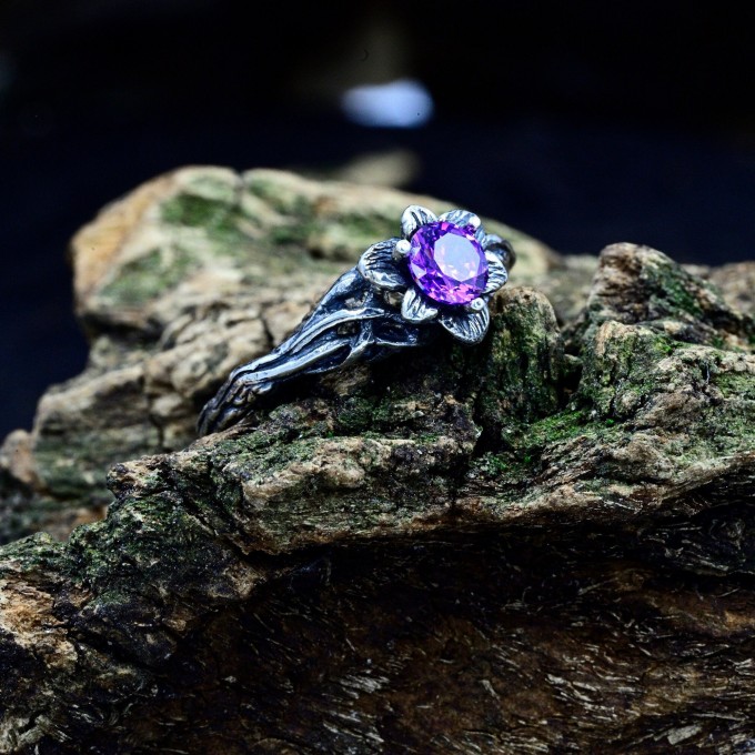 Gothic Amethyst Ring with Intricate Floral Design