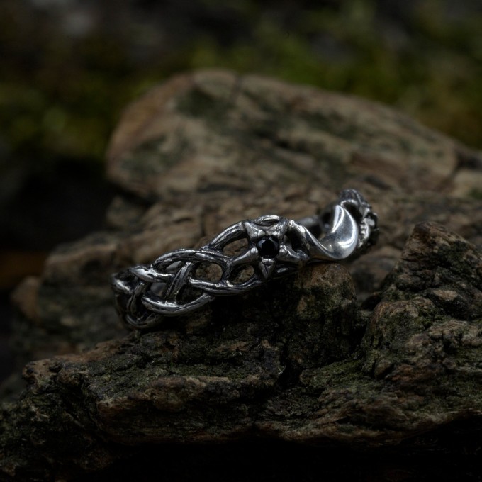 Crescent Moon Gothic Ring with Intricate Woven Band