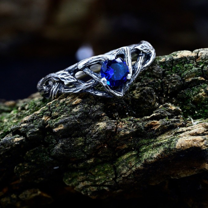 Gothic Silver Ring with Sapphire and Twisting Vines