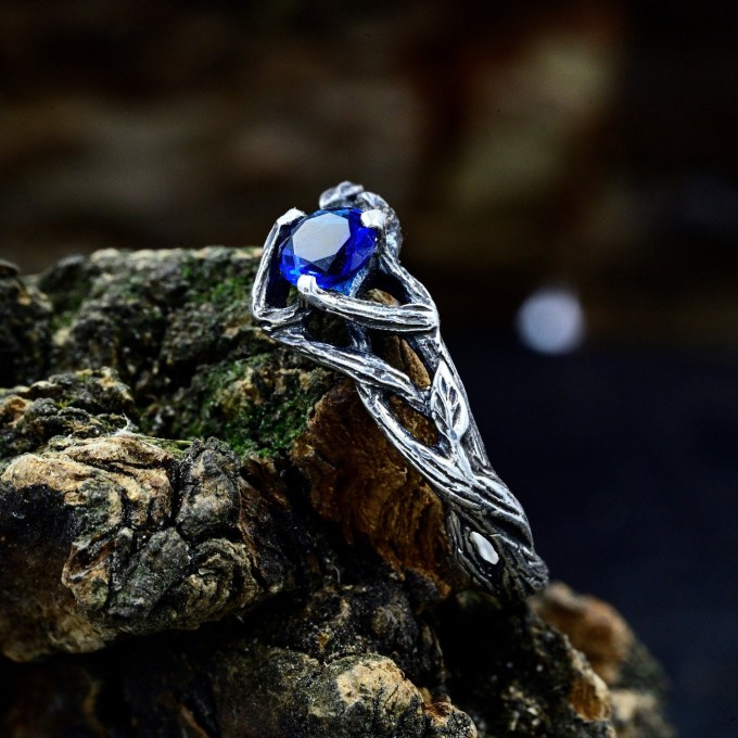 Gothic Silver Ring with Sapphire and Twisting Vines