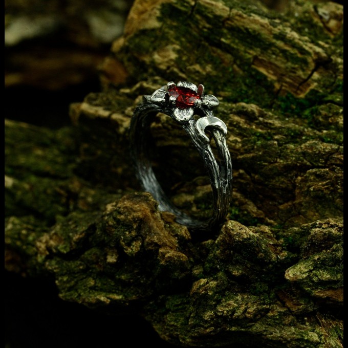 Gothic Floral Ring with Garnet Centerpiece