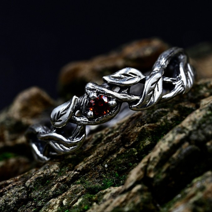 Twisting Vine Gothic Ring with Radiant Garnet