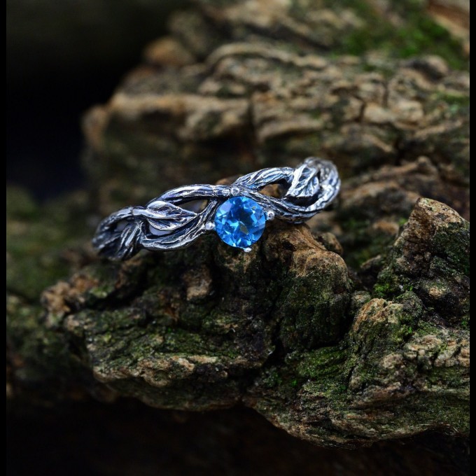 Gothic Silver Ring with Blue Topaz and Nature Design