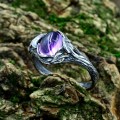 Gothic Amethyst Ring with Intricate Leaf Motif