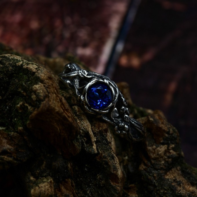 Fairy Fantasy Ring: Sapphire Twig Wedding Band with Floral Design