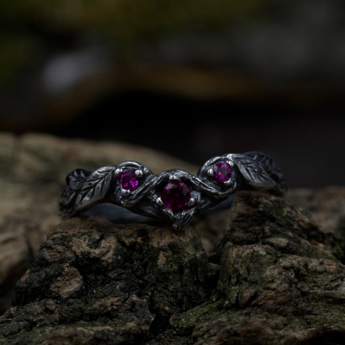Gothic Silver Ring with Clustered Ruby Accents
