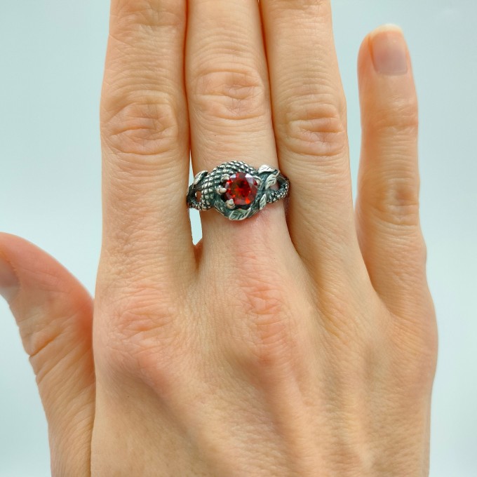 Gothic Dragon Ring with Garnet Gemstone