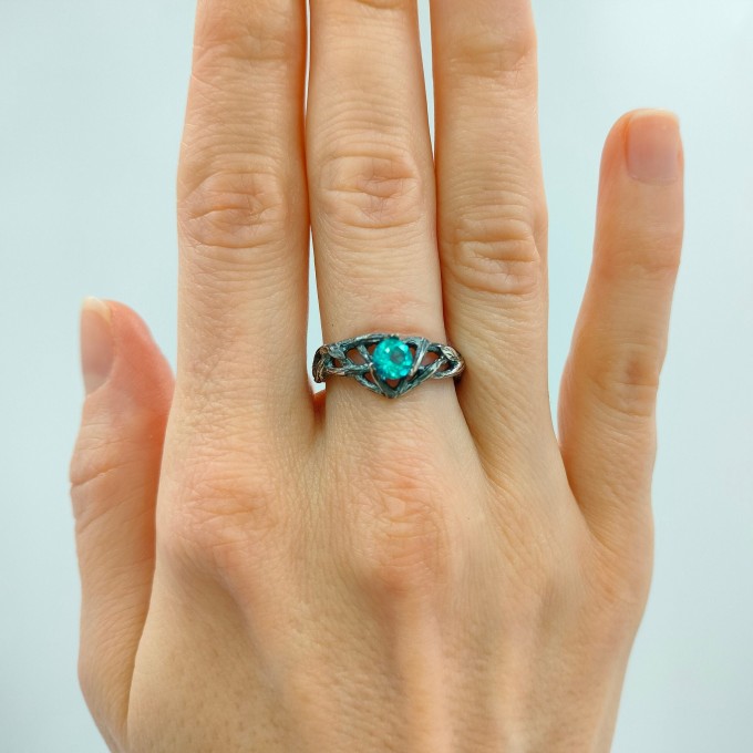 Gothic Silver Ring with Aquamarine and Nature Motif