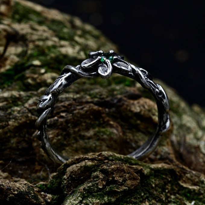 Delicate Braided Twig Engagement Ring – Nature Floral Oxidized Emerald Wedding Jewelry