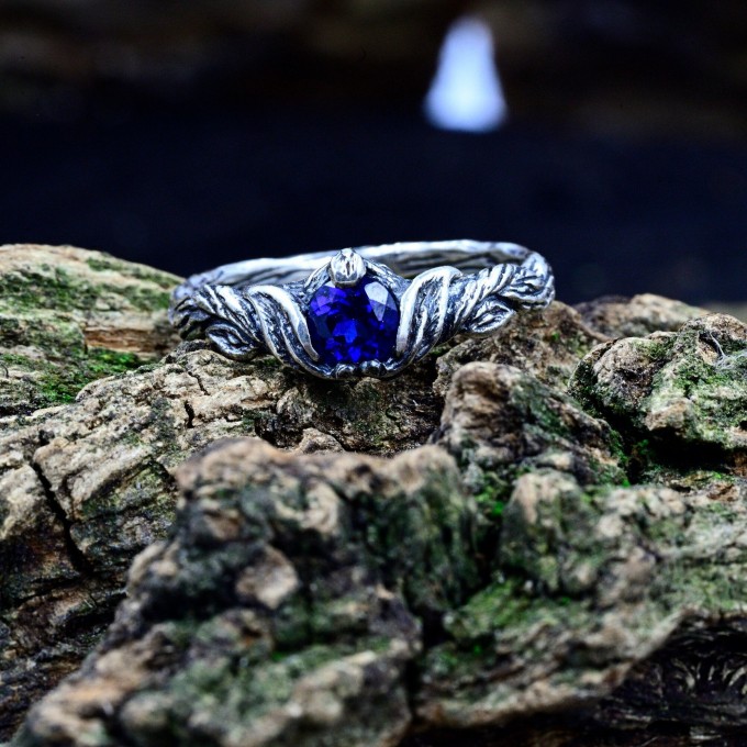 Waves of Eternity: Gothic Sterling Silver Ring with Royal Sapphire