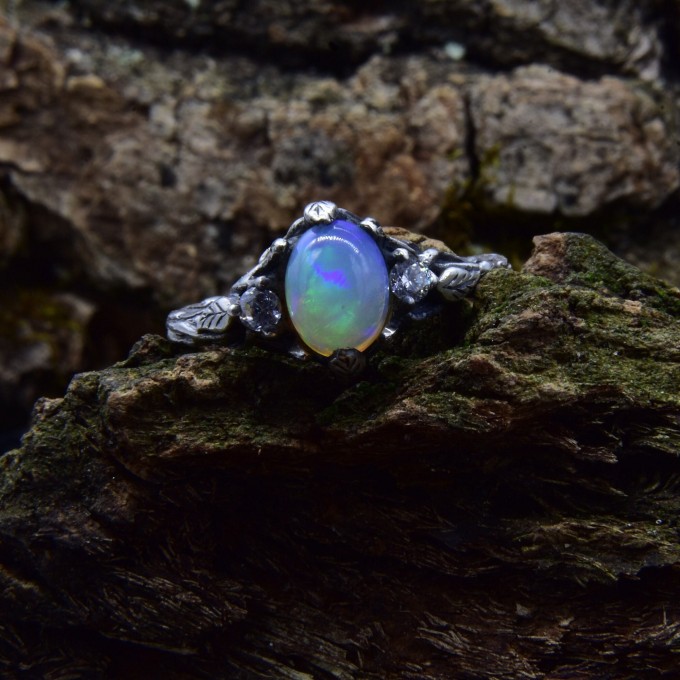Gothic Silver Ring with a Mystical Opal