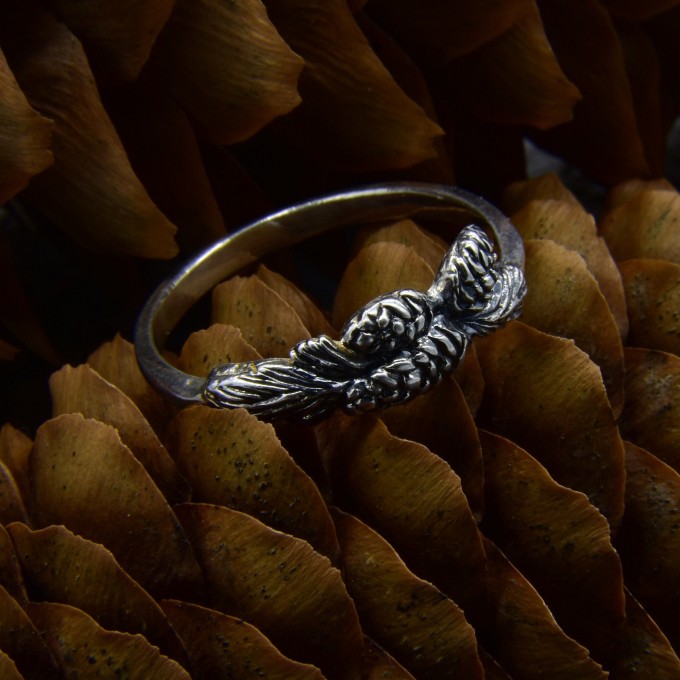Silver Pinecone Ring with Forest Motif