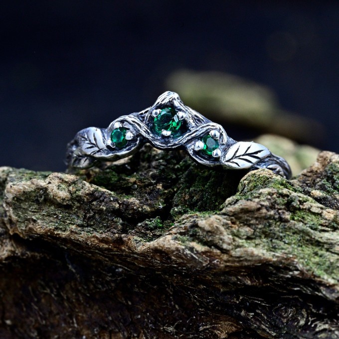 Whispers of the Forest: Sterling Silver Ring with Emerald Accents