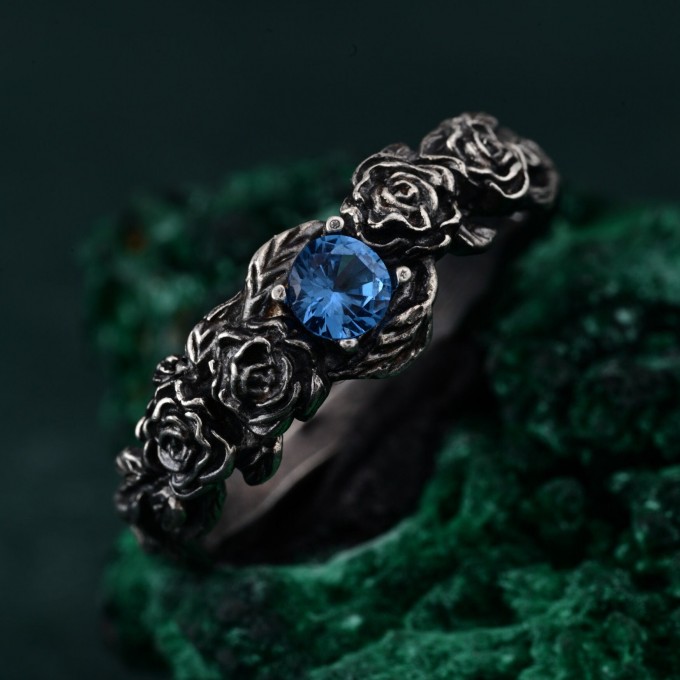 Topaz Blossom Silver Ring – Nature's Elegance Silver Ring, Floral Twig Accent Ring, Dainty Branch Delight Ring, Flower on Silver Twig Ring