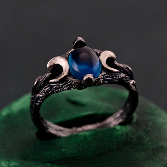 Silver Moon Phase Ring with Blue Gemstone: Enchanted Forest Bohemian Wedding Band