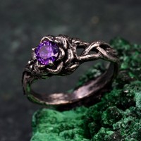 Amethyst Dewdrop Ring - Silver Leaves Embrace, Botanical Romance, Artisan Crafted
