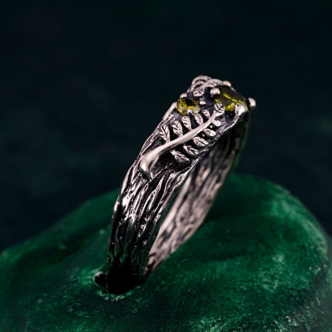 Artisan-Crafted Peridot Silver Twig Ring - Unique Woodland Engagement Band