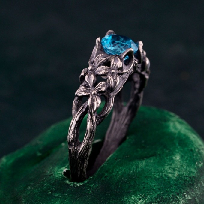Ethereal Topaz Engagement Ring: Vintage Floral and Tree Branch Design