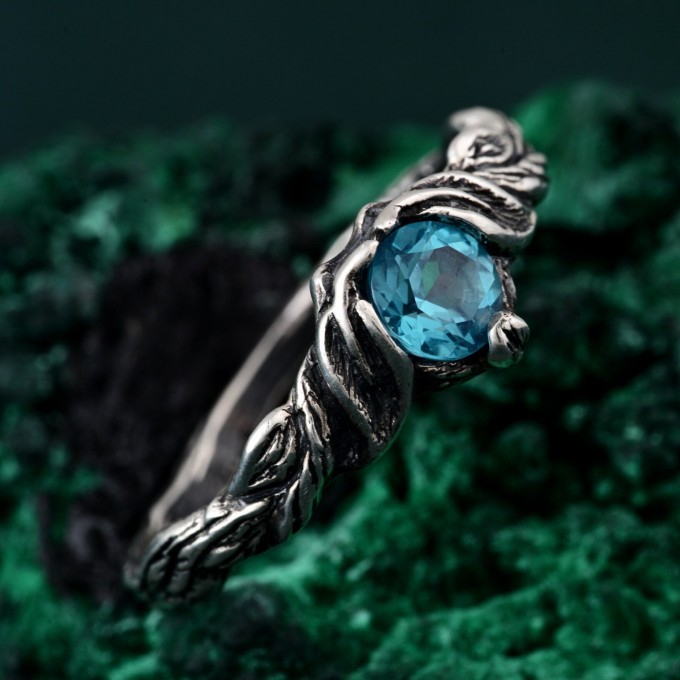 Sterling Silver Fantasy Wedding Ring with Nature Inspired Motif – Nature's Embrace Ring, Enchanted Forest Engagement Ring