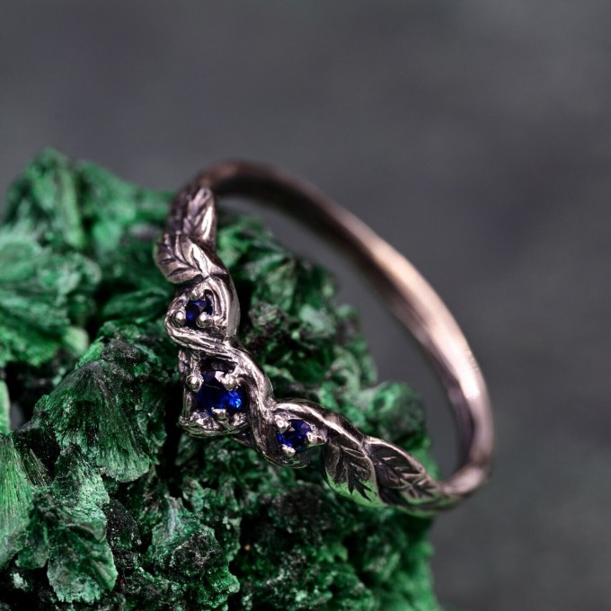 Whispers of Twilight: Gothic Leaf Sapphire Ring